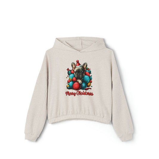 Merry Christmas French Bulldog Puppy - Women's Cinched Bottom Hoodie